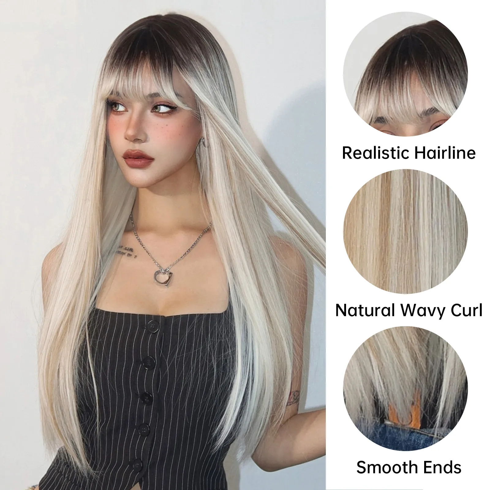 Long Straight Synthetic Wigs With Bangs Blonde Platinum Dark  display picture 1