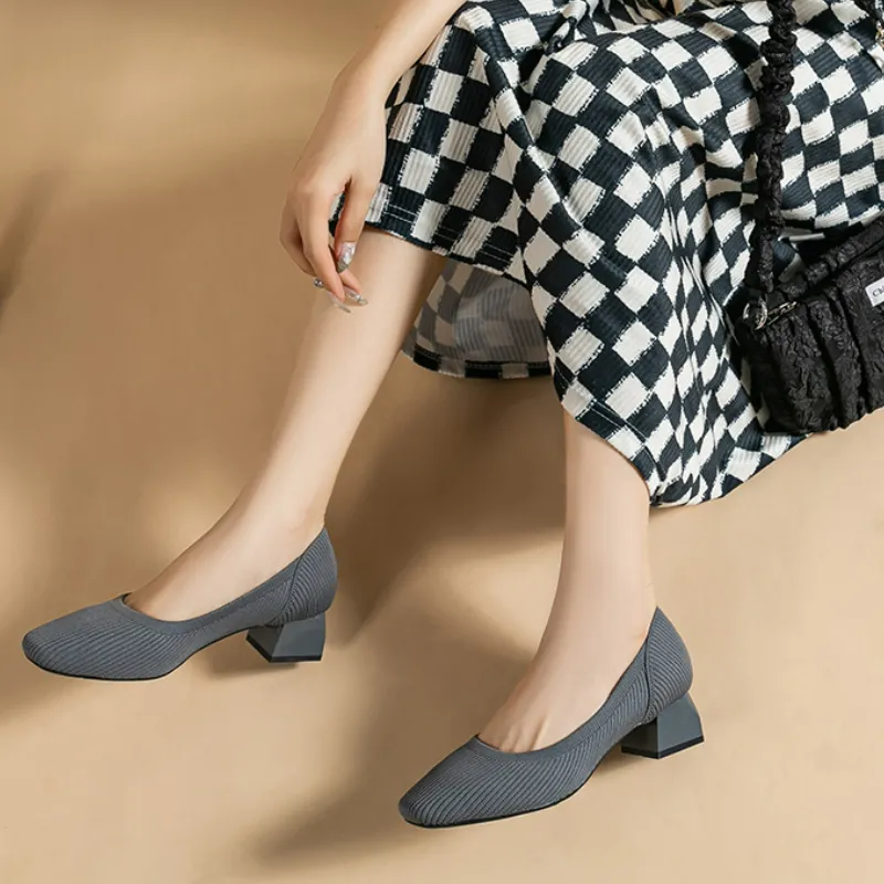 DHgate Knitted Slip On Square Toe High Heel Shoes Comfort Plus Size Womens Chunky Heels Shoes Accessories