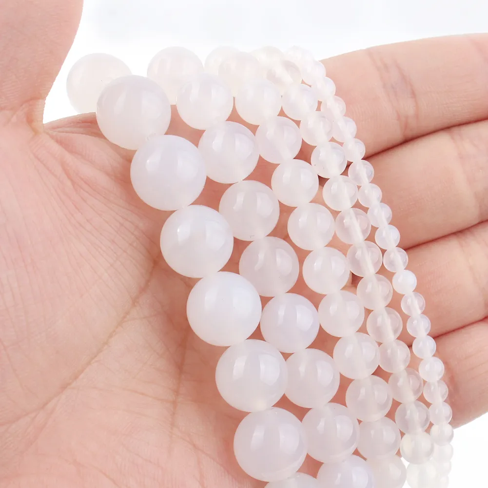 4-12mm White Chalcedony Round Smooth Loose Beads Natural Stone for Jewelry  Making, Handmade Charms, Bracelet Accessories, 15 Inches