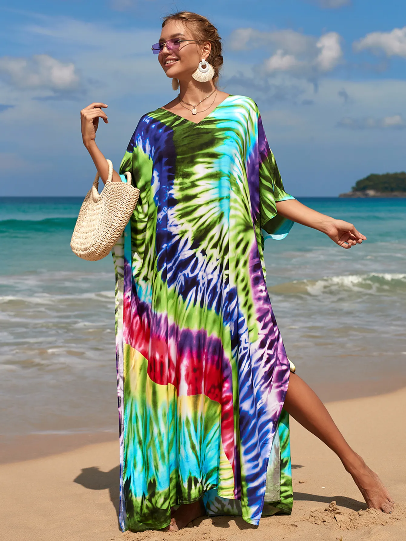 turquoise beach bridesmaid dresses Cecile Kaftan Dress in Tulum | Animal Print Beach Dress main image 1