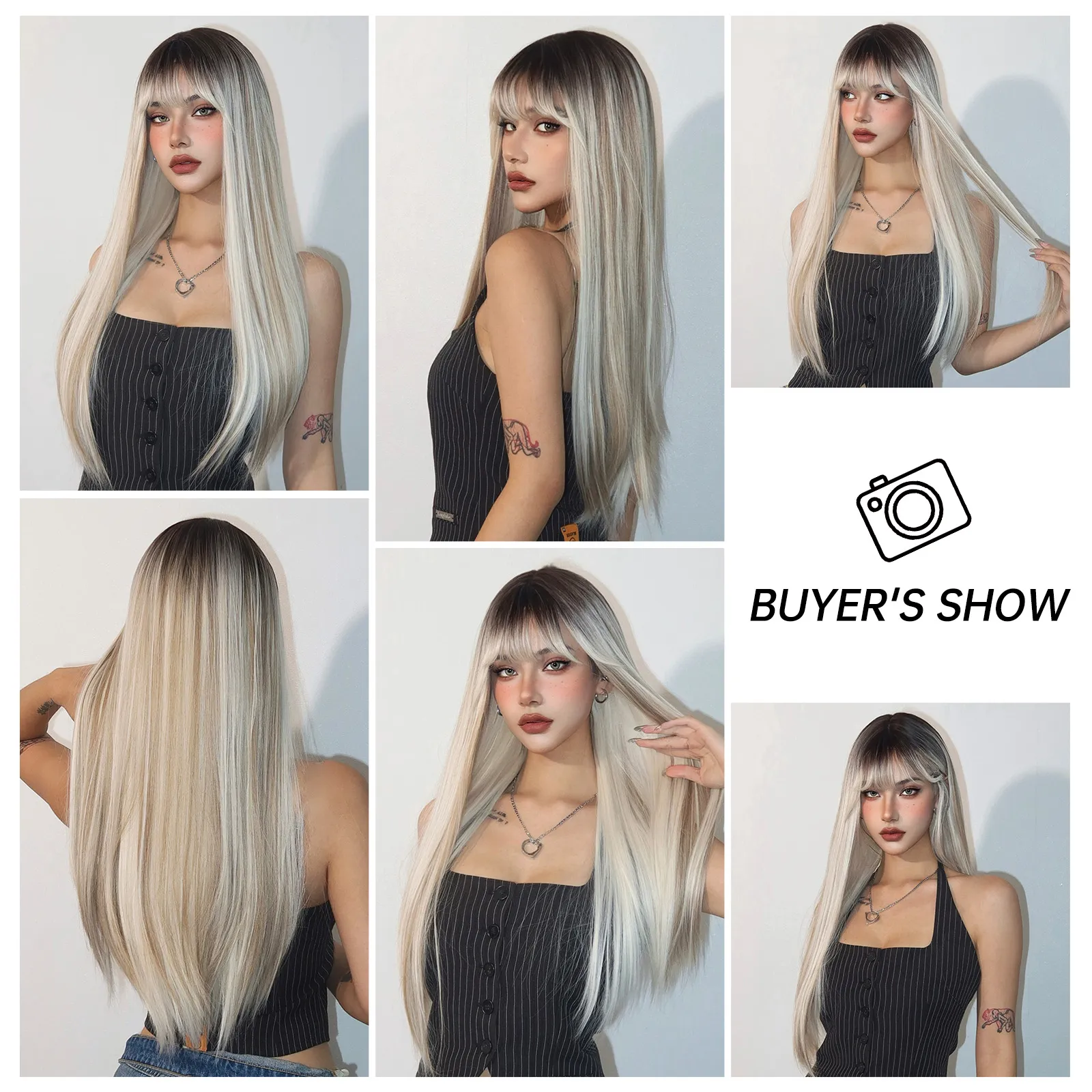 Long Straight Synthetic Wigs With Bangs Blonde Platinum Dark 