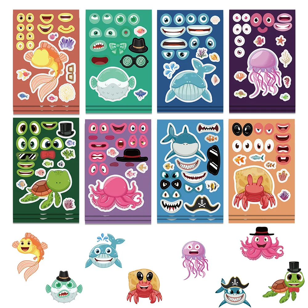 Ocean Animal Puzzle Stickers: 8/16 Sheets DIY Make-a-Face Sea