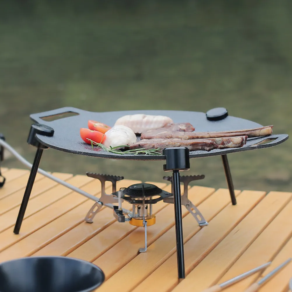 Portable Adjustable Non Stick BBQ Grill Plate Bracket Korean Round Metal Barbecue Rack with Chain for Outdoor Camping
