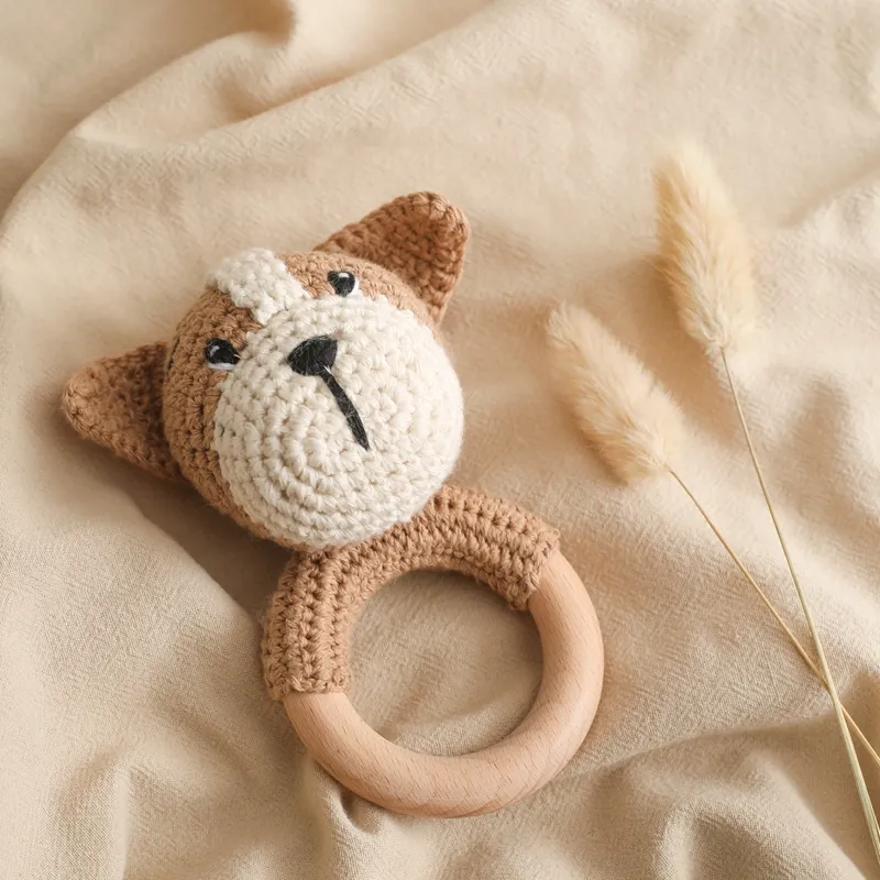 Crochet Dog Rattle: Wooden Teether Bracelet, Organic Cotton, Newborn ...