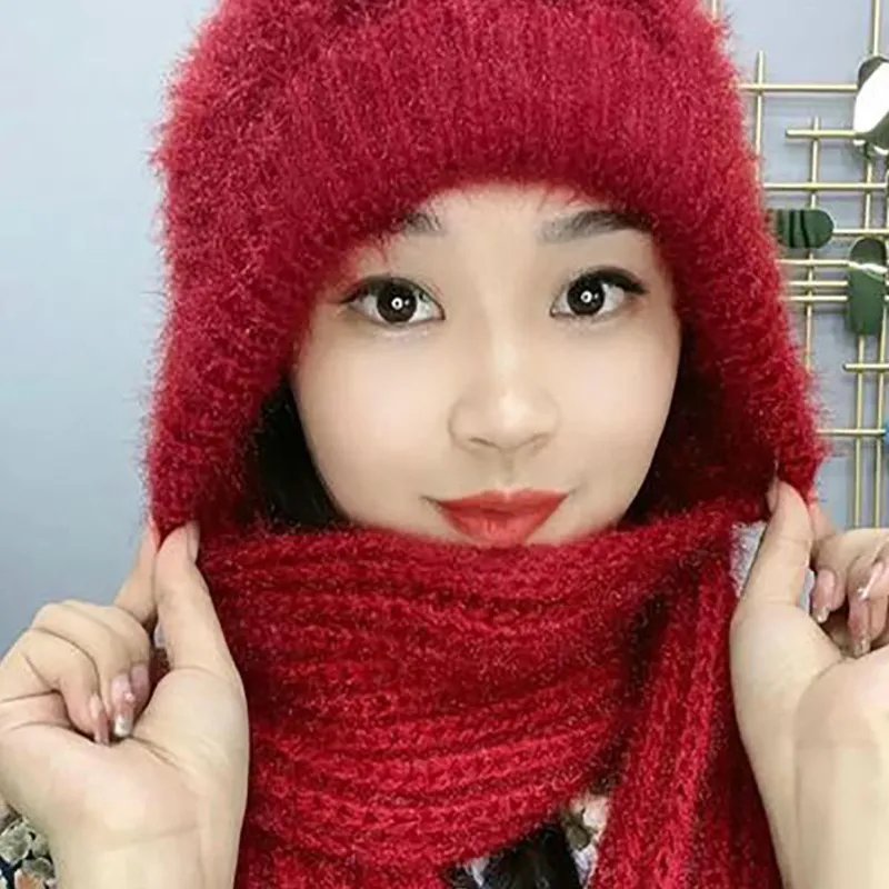 Hat And Scarf Set - Womens Winter Plush Handwoven One-Piece
