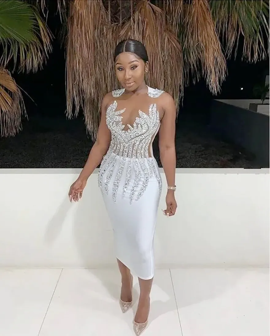 White Tea Length Gown, Illusion Neck Sheath Cocktail... From Verycute,  $57.69 | DHgate.Com