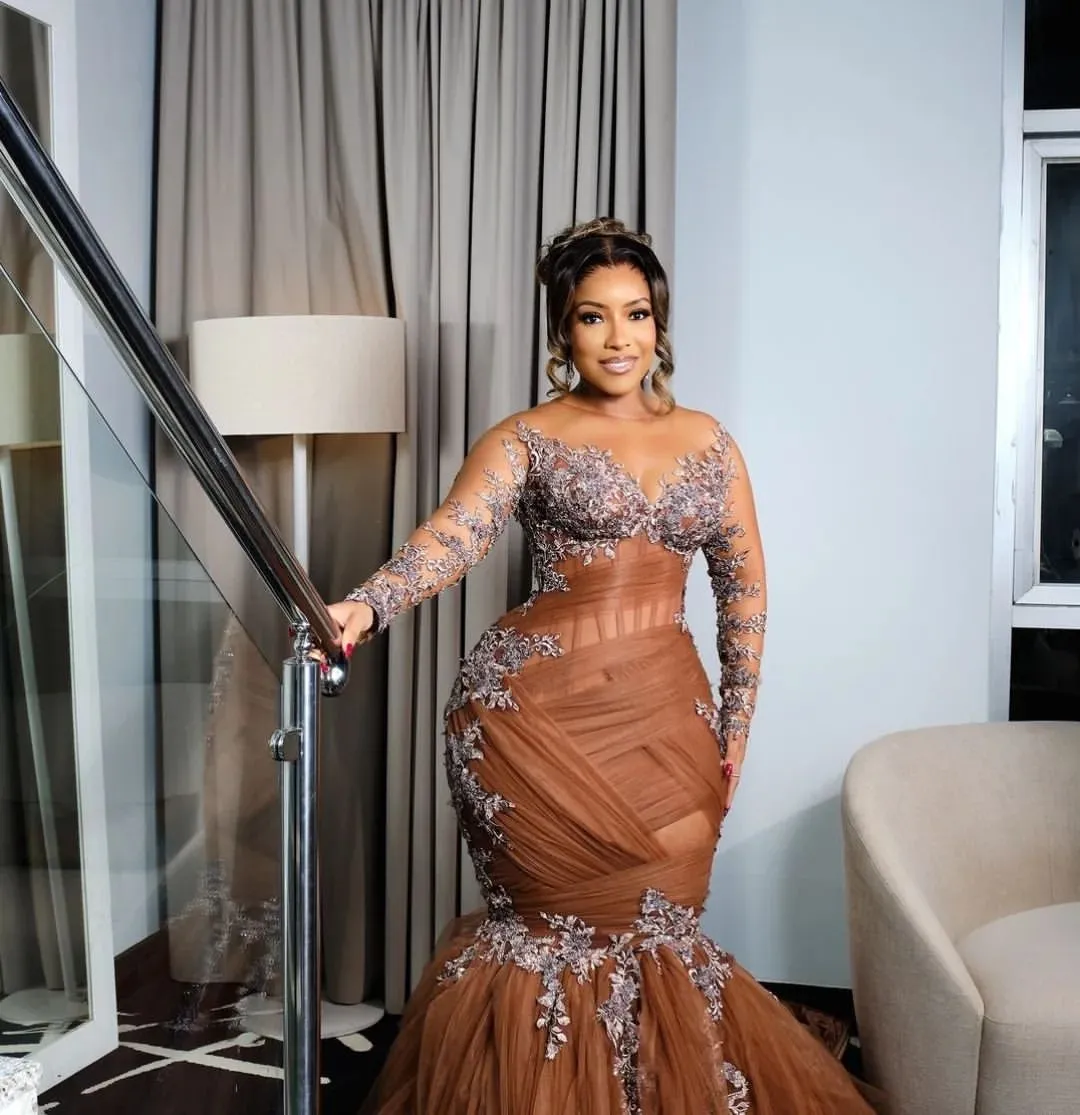 Chocolate Illusion Mermaid brown prom dress for Plus Size Women - Lace and Tulle Evening Party and Birthday Gown (2024)