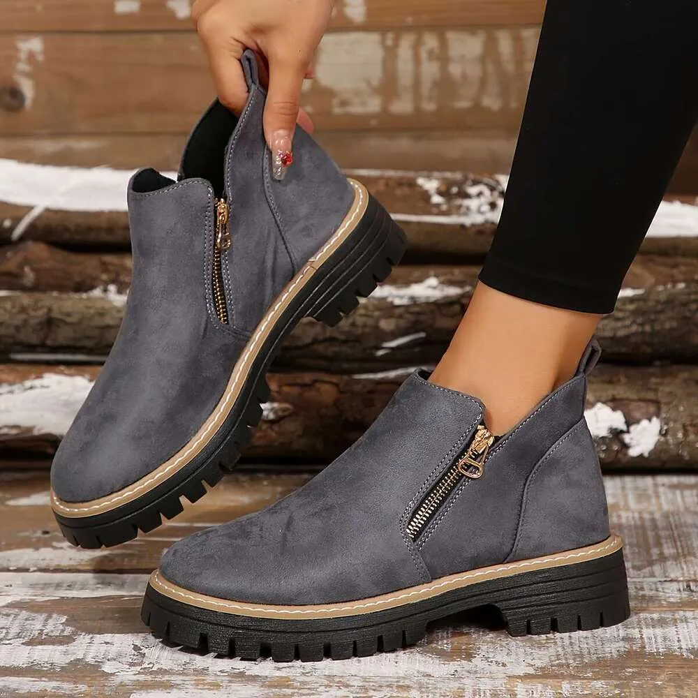 Designer Winter Boots For Women Grey Ankle Booties, Round Toe