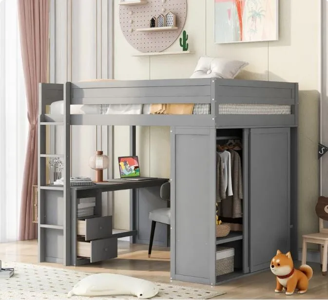 Full Size Metal Loft Bed With Wardrobe & Desk - Space Saving Loftbed With Storage Stairs