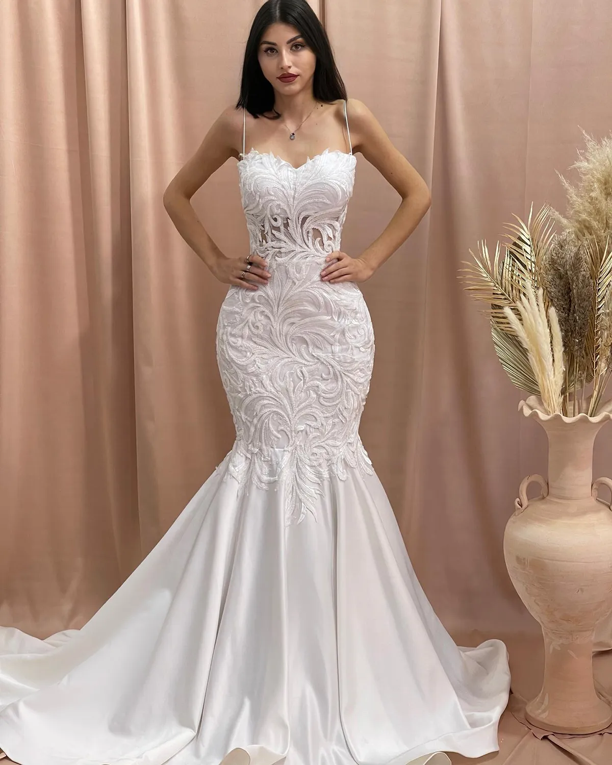 mermaid wedding dress with slit Princess Plus Size Satin Minimalist Wedding Dresses Mermaid Strapless Slit US0 / White