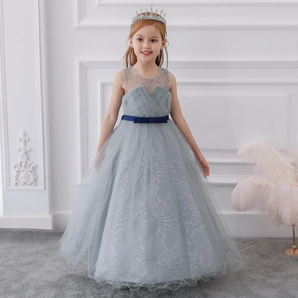 Light Grey Sleeveless Ball Gown with Leaf Patterns and Blue Ribbon Belt
