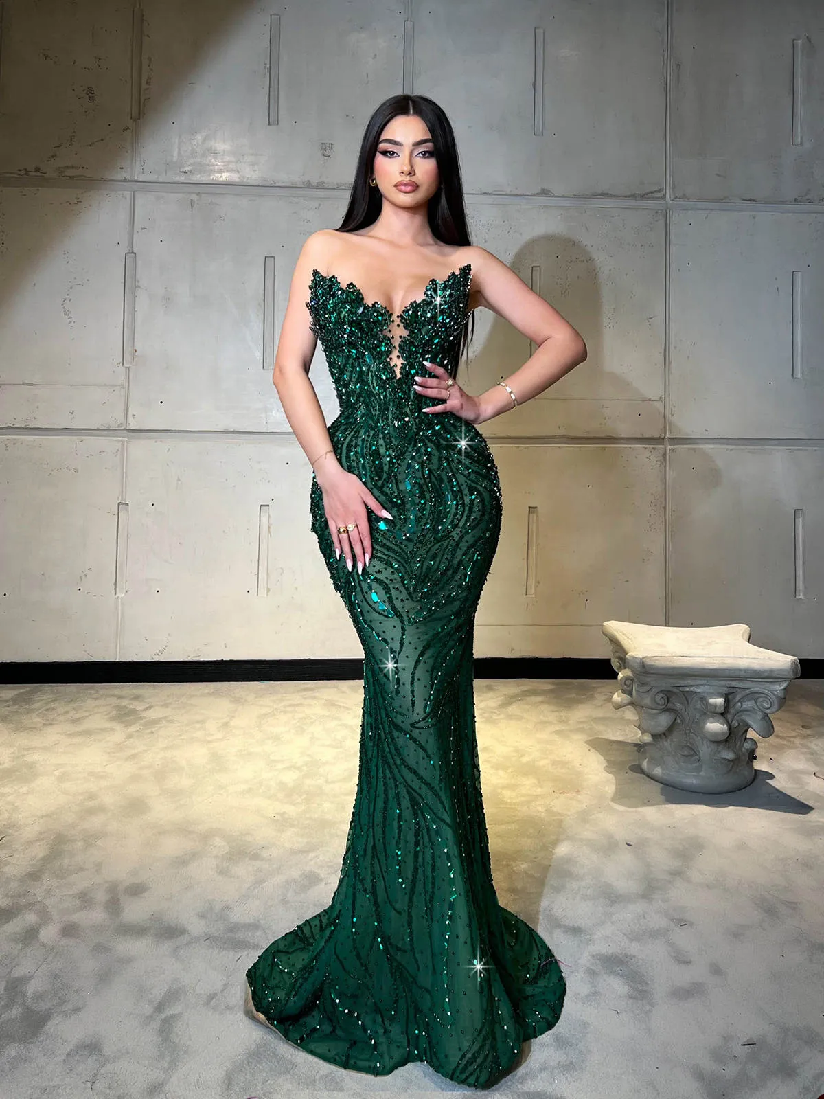 fitted lace wedding dress Luxury Crystal Strapless Sheer Bodice Mermaid Evening Dress