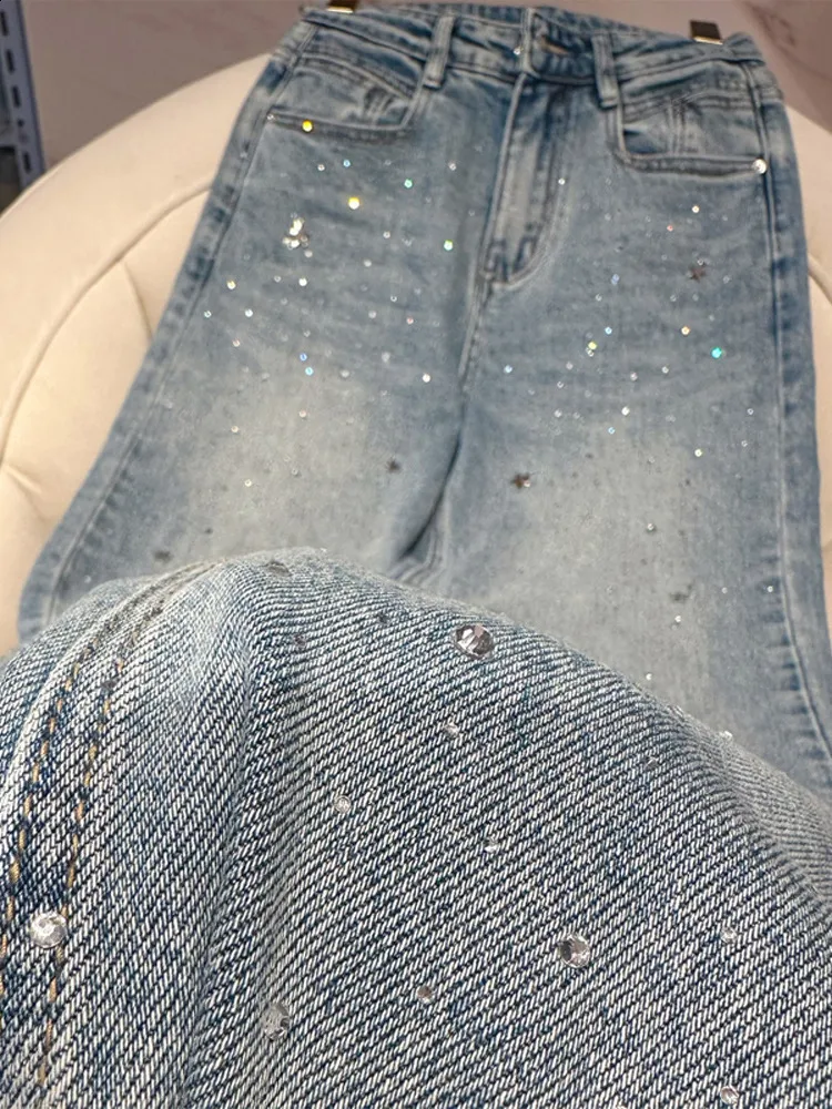 Jean Femme Avec Strass - Coupe Droite Jambes Larges - Style Harajuku Y2K - Denim élastique - Taille Haute
