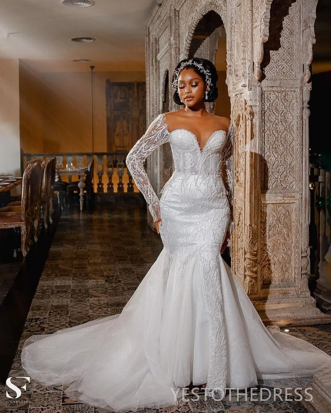 chinese dress ladies Plus Size Off Shoulder Lace Luxury Ruffle Organza Trumpet Bridal Dress main image 0