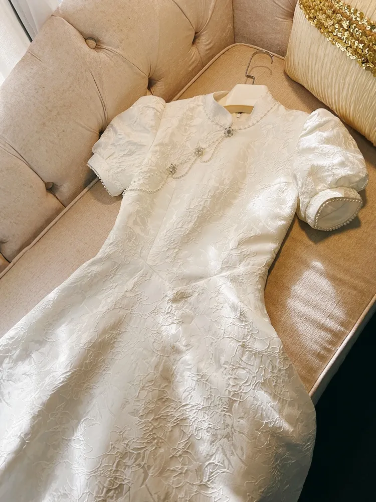 Elegant Stand Collar Dress White Floral Jacquard Midi Dress With Short  Sleeves, A Line Panelled Casual Dress From Risabeira, $58.26 In Bulk |  DHgate.Com