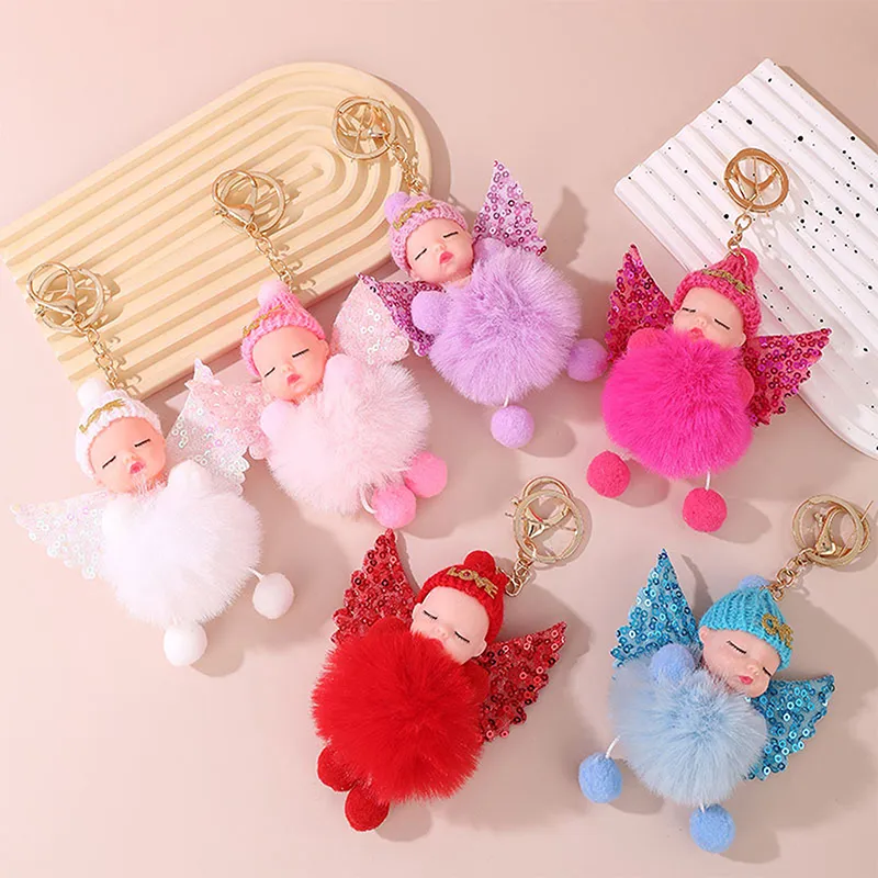 Doll Keychain For Girls Plush Fluffy Pompom Baby Doll Keychain