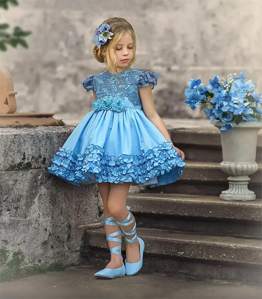 Sky Blue Satin Flower Girl Dress with Lace and Ruffles for Communion and  Wedding from Dhgate Flower Girls' Dresses - price 45.38