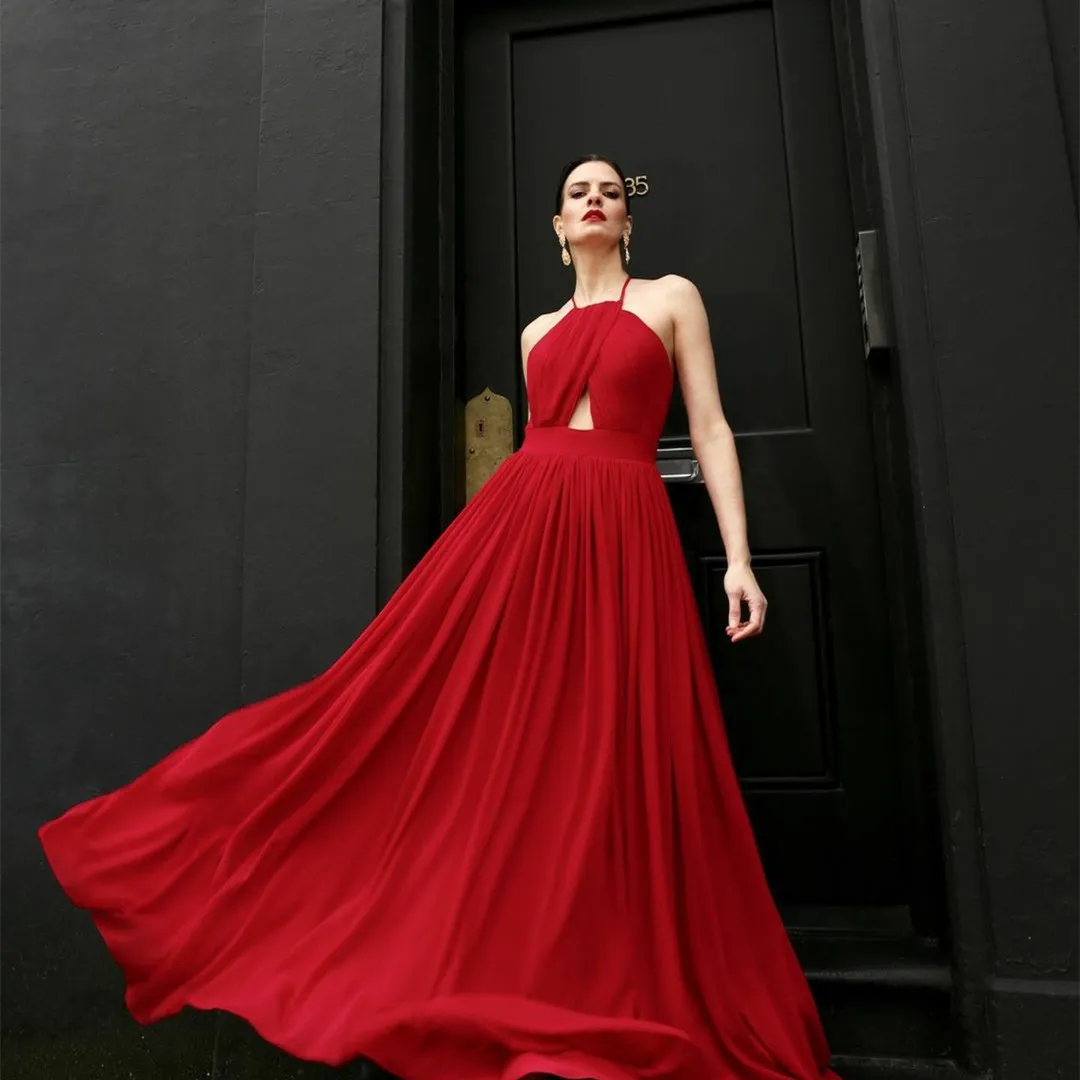 Red Chiffon Dresses: Elegant A Line Halter Prom Dress, Long
