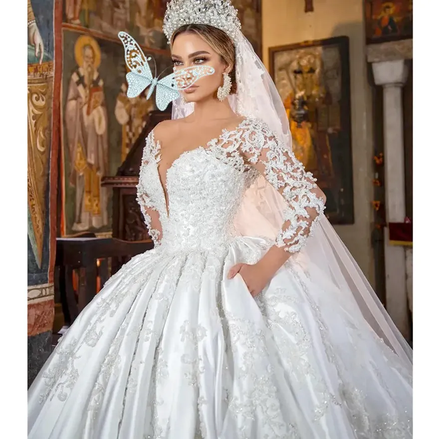 quarter length sleeve lace wedding dress Simple Lace Chiffon Long 3/4 Sleeve Wedding Dress– sheerdreamz main image 1