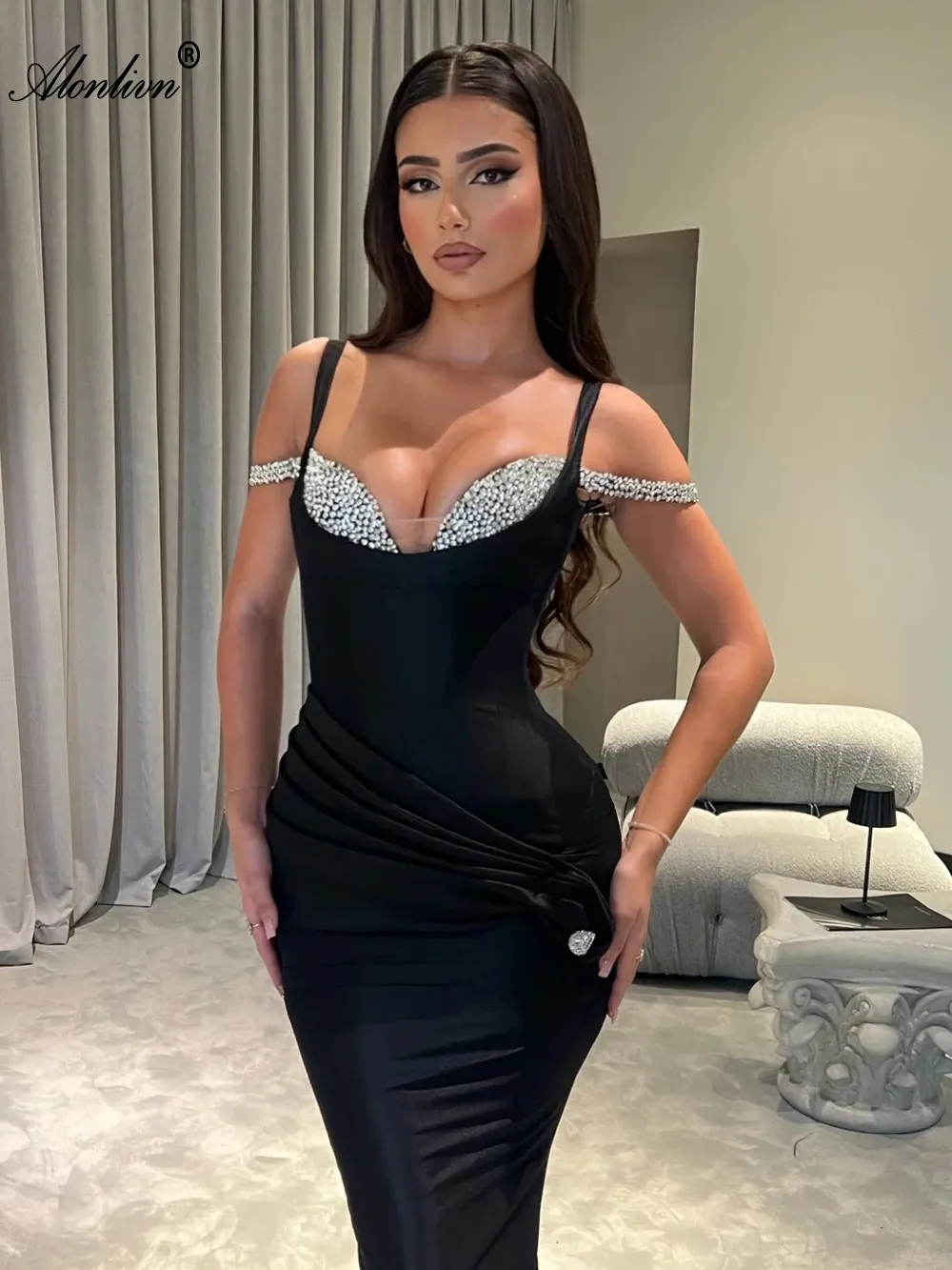 Long Black Mermaid Dress: Elegant Formal Gown With Silver Crystal