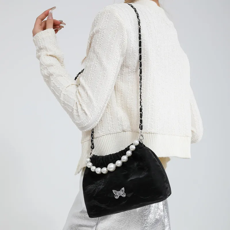 Elegant Bucket Shoulder Handbag With Bow And Pearl Detail
