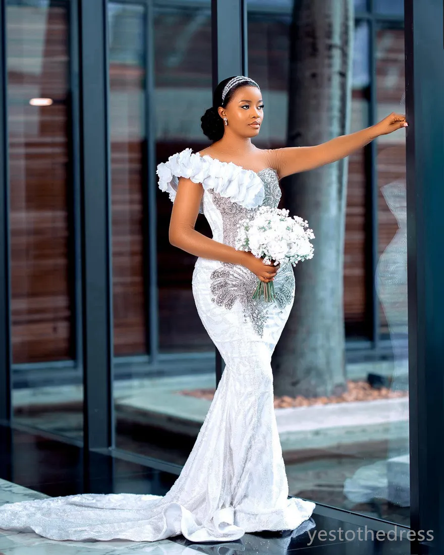 Rhinestone Decorated Sequin Mermaid Wedding Dress for Plus Size Brides with Illusion Bridal Gowns, Long Sleeves, and Lace - Perfect for Nigerian Black