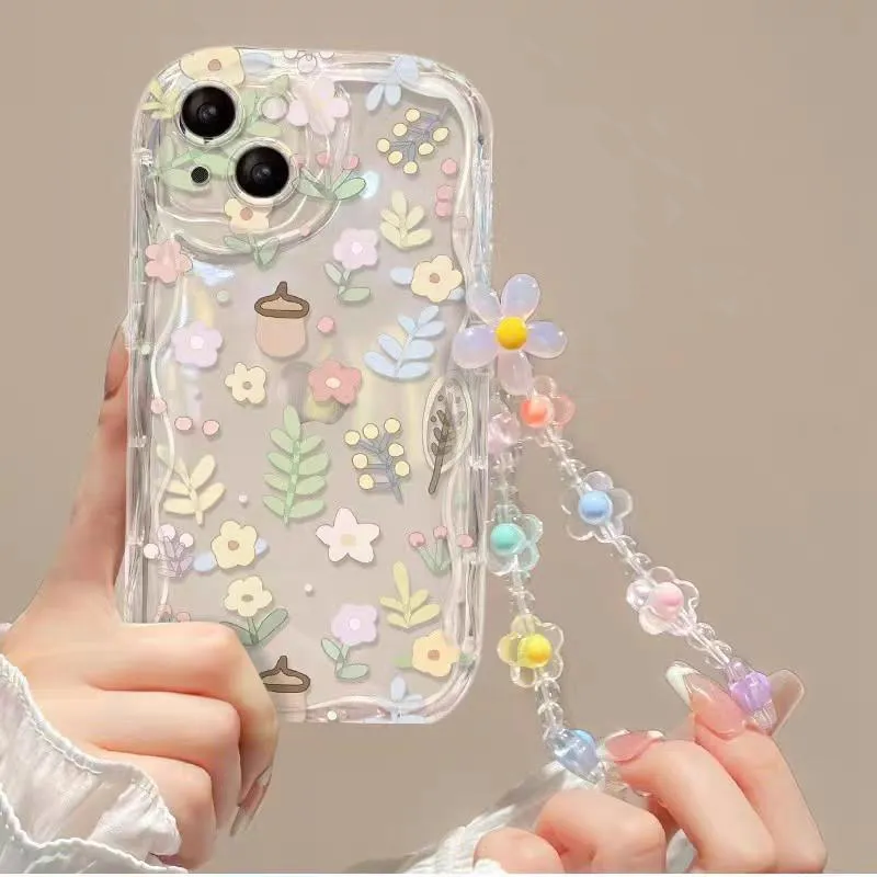 Lanyard For Phone: Cute 3D Flower Wrist Chain Phone Case For