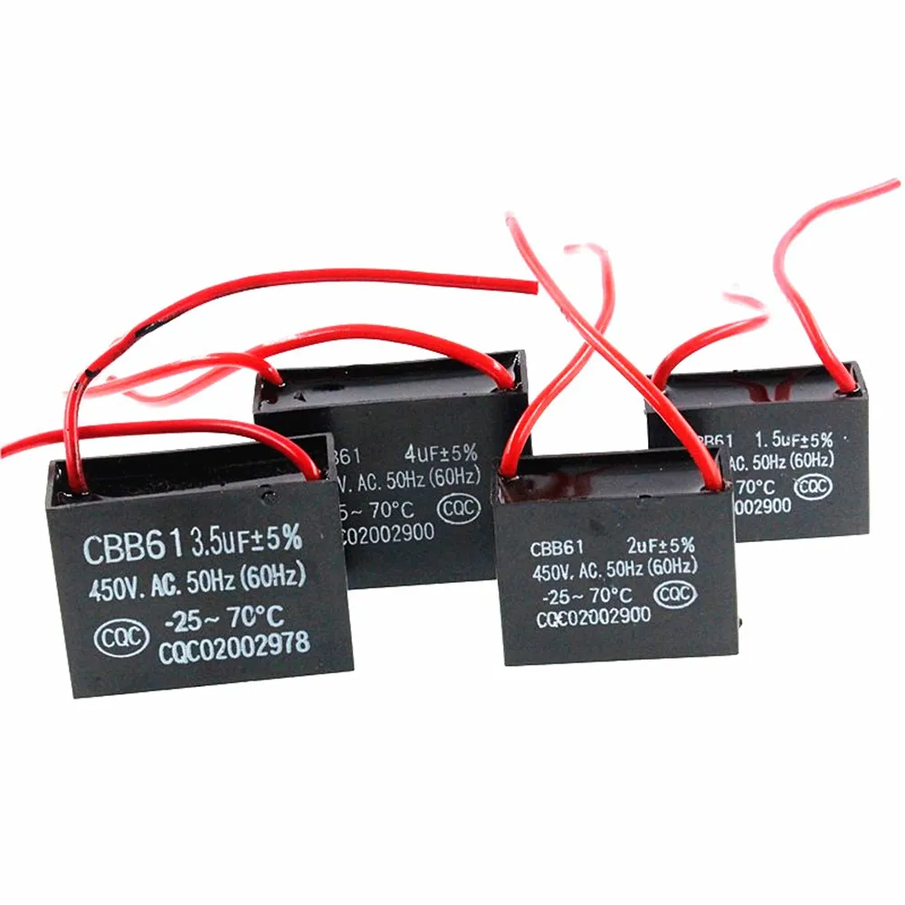 2uF 450V CBB61 Motor Run Capacitor For Ceiling Fans, AC Units - Lead Wire Style