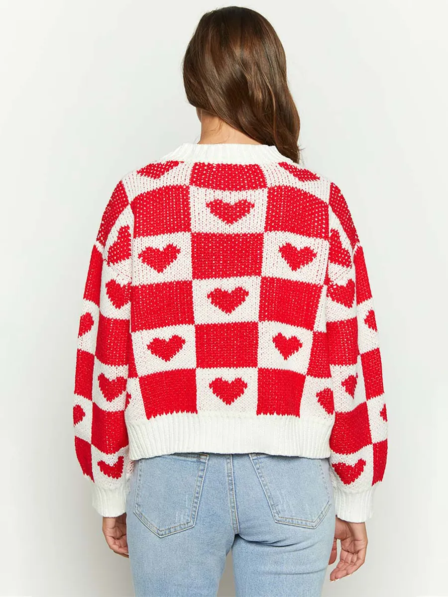 Cozy Knitted Heart Jumper: Casual Long Sleeve Pullover Sweater for Women