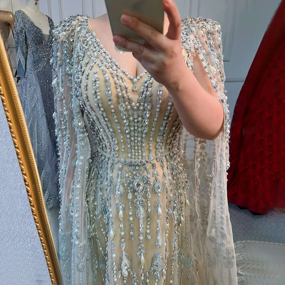 Gold Beaded Mermaid Beaded Evening Dress with Sleeves and Cape - Customizable for Women's Party and La Fashion