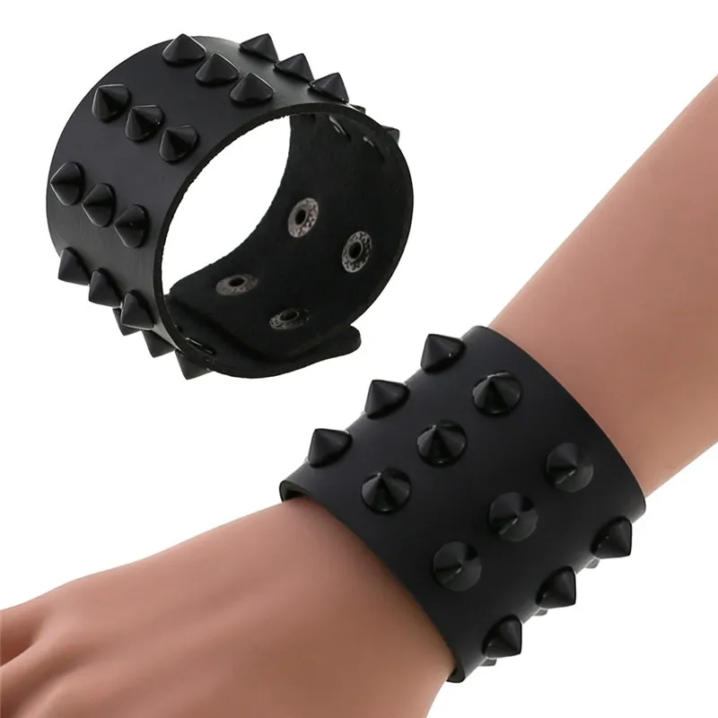 Gothic Spike Bracelet Black Wide Leather Punk Bracelets For Women - Main Image
