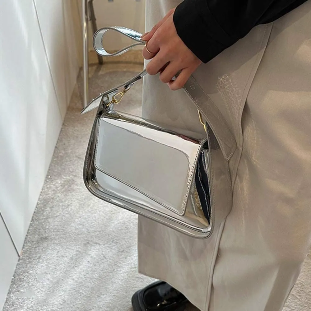 Silver Crossbody Bag - Y2K Style Shoulder Bag, Glossy PU