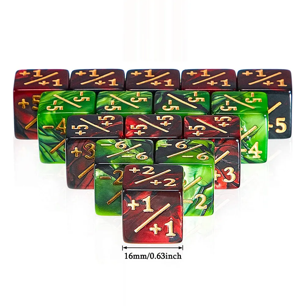 EYVRPAU Compteurs De Dés – 12 PCS D6 Rouges +1/+1 Et Verts -1/-1 – Accessoire MTG CCG – Acrylique Robust – Lecture Facile 16 Mm