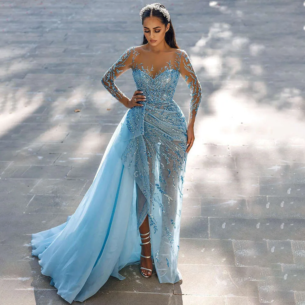 Elegant Light Blue Evening Gown with Lace Beading and High Split