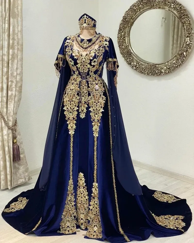 blue Middle Navy East Evening Formal blue prom dress with Gold Applique Lace and Cape - Long Sleeve Marrocan Caftan prom Ocn blue prom dress