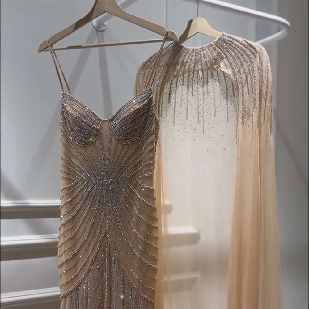 Elegant Beaded Cape Evening Dress with Detachable Cape
