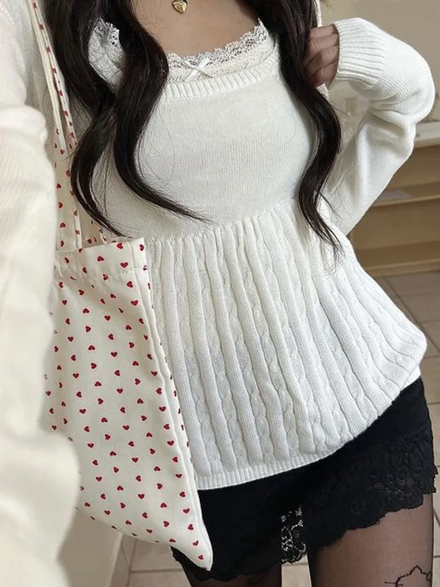 Cable Knit Sweater for Women Long Sleeve U Neck Solid Color Ribbed Babydoll Pullover Tops