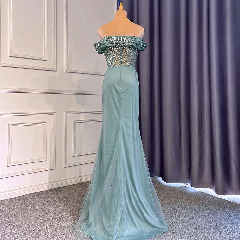 Turquoise Mermaid Beaded evening dress with Beaded Detailing and High Split - Customizable for Women's Party (LA71593)