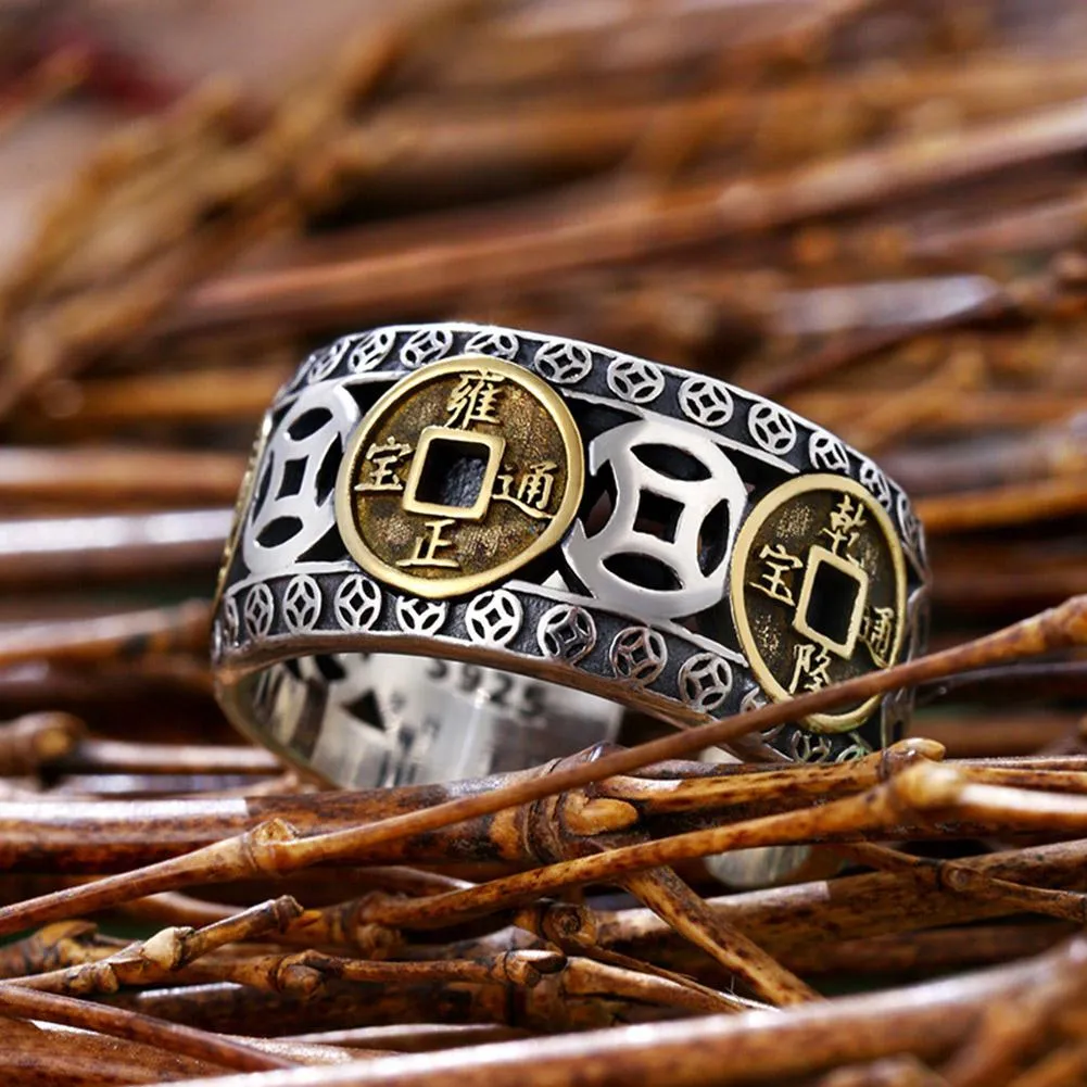 ヴィンテージエスニックスタイルファイブエンテラーマネーコイン調整可能リング：男性のための幸運の指の宝石を￥4,317 | DHgate