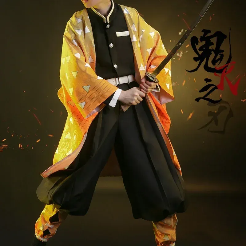 Kids Demon Slayer Agatsuma Zenitsu Cosplay Costume Wig Kimono