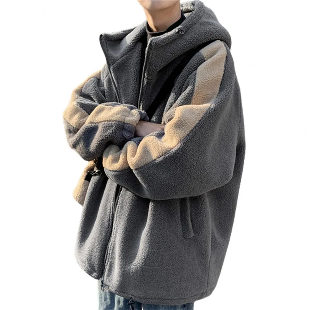 Mens Winter Warm Hooded Jacket With Faux Sherpa Lining Drawstring 