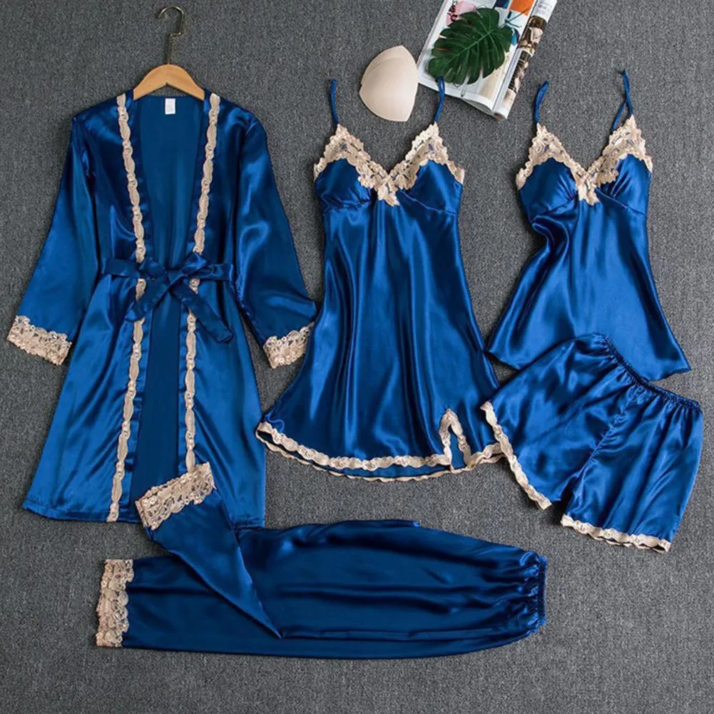 2024Women s Silky Satin Pajama Set 5 Piece Lace Patchwork Sleepwear Nightgown Nightdress Set