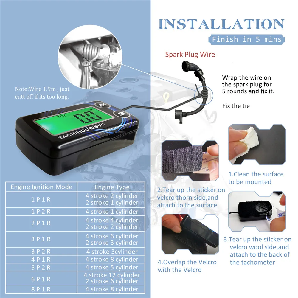Tachymètre Numérique LCD Pour Moto/ATV - Compte-tours RPM - Affichage Digital - Noir - Long Câble 170 Cm