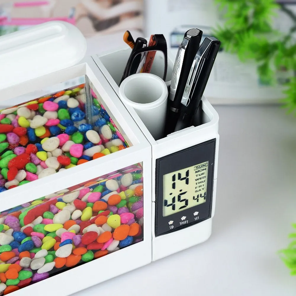 Acquario USB Multifunzione Mini Con Orologio LED E Cassetto - Decorazione Per Scrivania, Nero, Ricaricabile