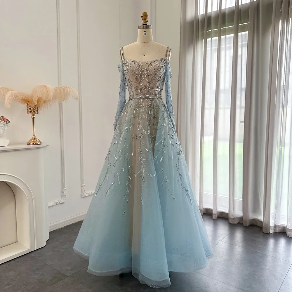 Dubai Blue Evening Dress for Women Off Shoulder 3/4 Sleeve Tulle A-Line Gown with Embroidery and Sweep Train from Dhgate Evening Dresses - price 922.38 Dubai Blue Evening Dress for Women Off Shoulder 3/4 Sleeve Tulle A-Line Gown with Embroidery and Sweep Train from Dhgate Evening Dresses - price 922.38