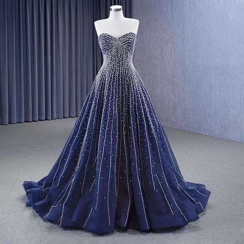 Custom-made Navy Serene Blue Strapless Blue dresses for wedding with Crystal Beading, Pearls, and Lace-Up Back Custom-made Navy Serene Blue Strapless Blue dresses for wedding with Crystal Beading, Pearls, and Lace-Up Back