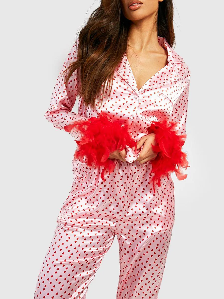 2026 Valentijnsdag Womens Pyjama Lange Broek Nachtkleding Sets Zachte Nachtkleding Turndown Kraag Loungewear Leuke Pyjama, Wit, L