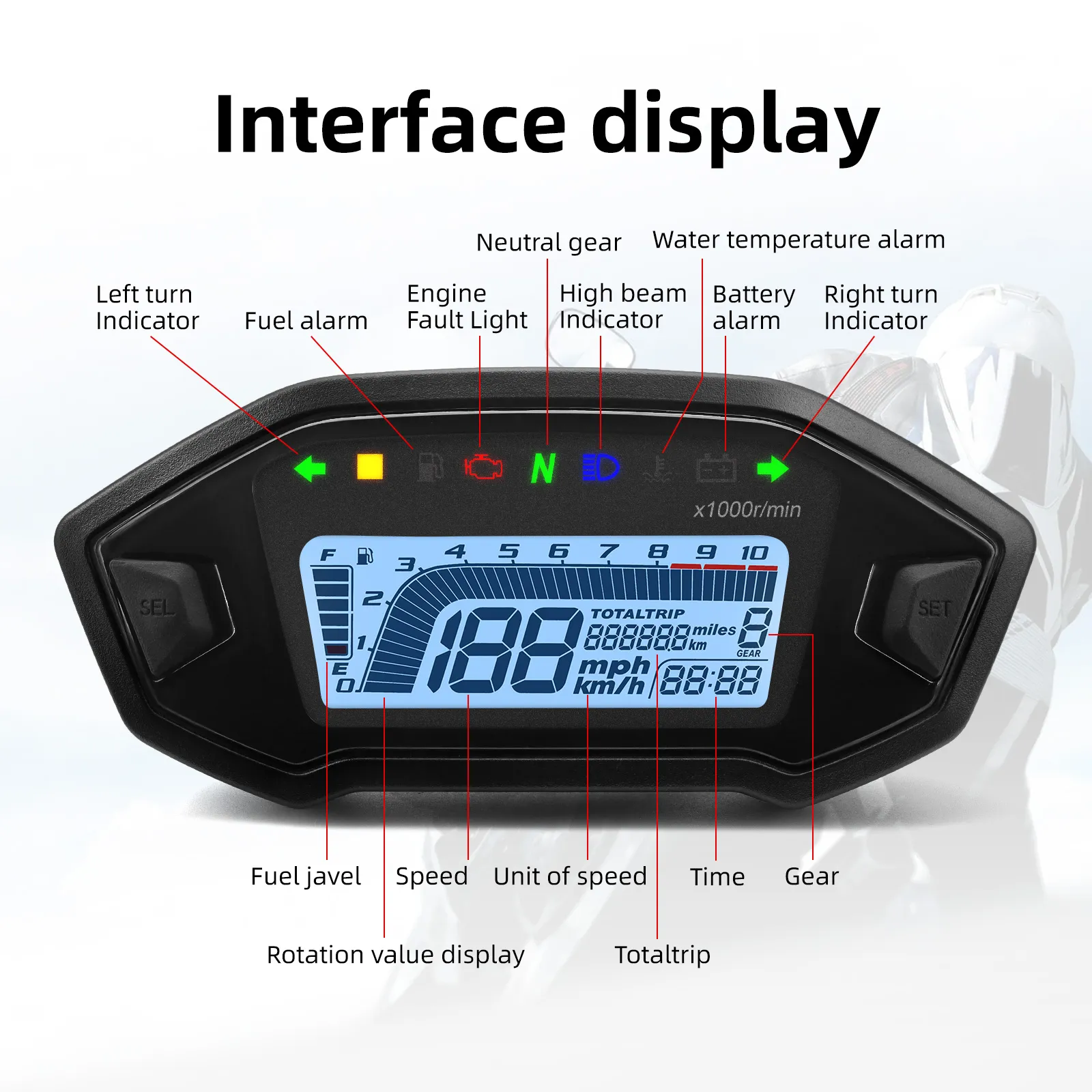 Motorcycle Digital LCD Display Speedometer Tachometer Instrument