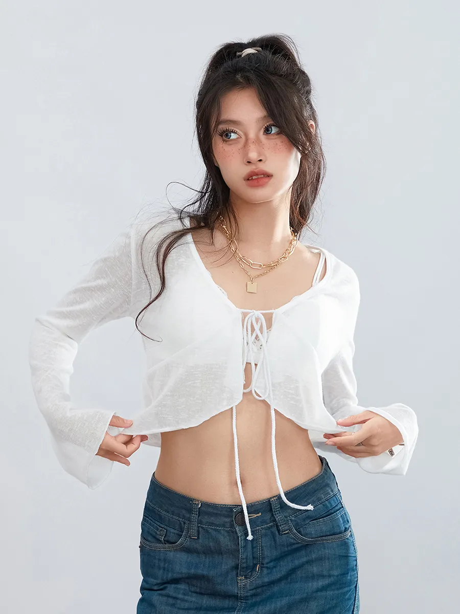 トップス goa 00s Y2K archive mottled cardigan Vintage y2k 00s 2000s 90's white lace tie front cardigan