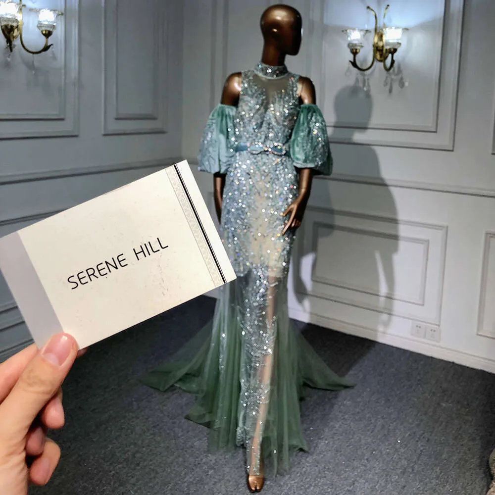 Customized Green Beaded Mermaid sage Green evening dress with Sleeves - Elegant Party Gown for Women by LA